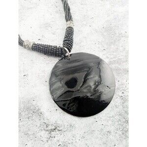 Boho Black Glass Statement Necklace | Large Round Pendant Silver Accents Artisan